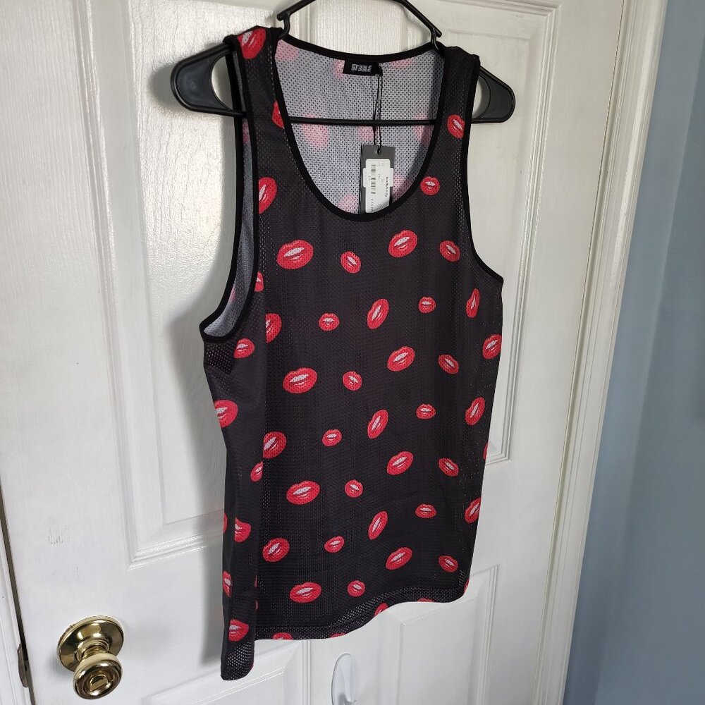SOLD St33le Black Mesh Tank Top Red Lips Print NWT Size Small